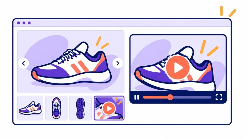 Illustration of a WooCommerce gallery showing product images alongside a product video player