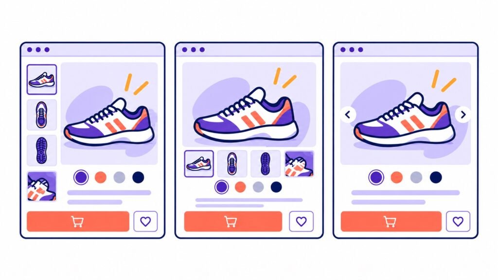Illustration comparing three WooCommerce product gallery thumbnail and navigation layouts