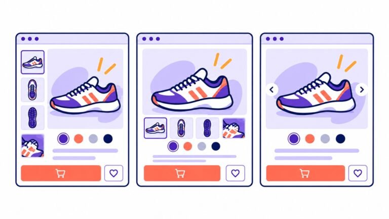 Illustration comparing three WooCommerce product gallery thumbnail and navigation layouts