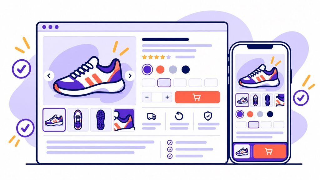 Illustration of an optimised WooCommerce product page shown on desktop and mobile