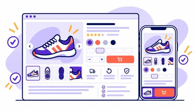 Illustration of an optimised WooCommerce product page shown on desktop and mobile