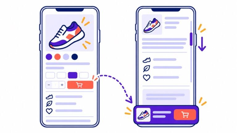 Illustration comparing a WooCommerce product page before and after a sticky add-to-cart bar appears